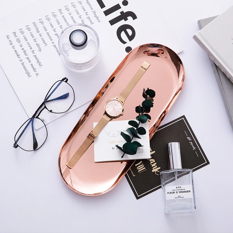 Modern Metal Rose Gold Plate, Silver Oval Storage Tray, Decorative Jewelry Display, Stainless Steel Tray, Storage Supplies