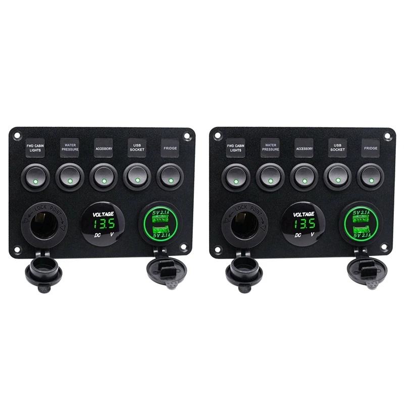 

2X 5 Gang 12V/24V Inline-Fuse Box LED Switch Panel Dual USB Car Boat Truck Camper