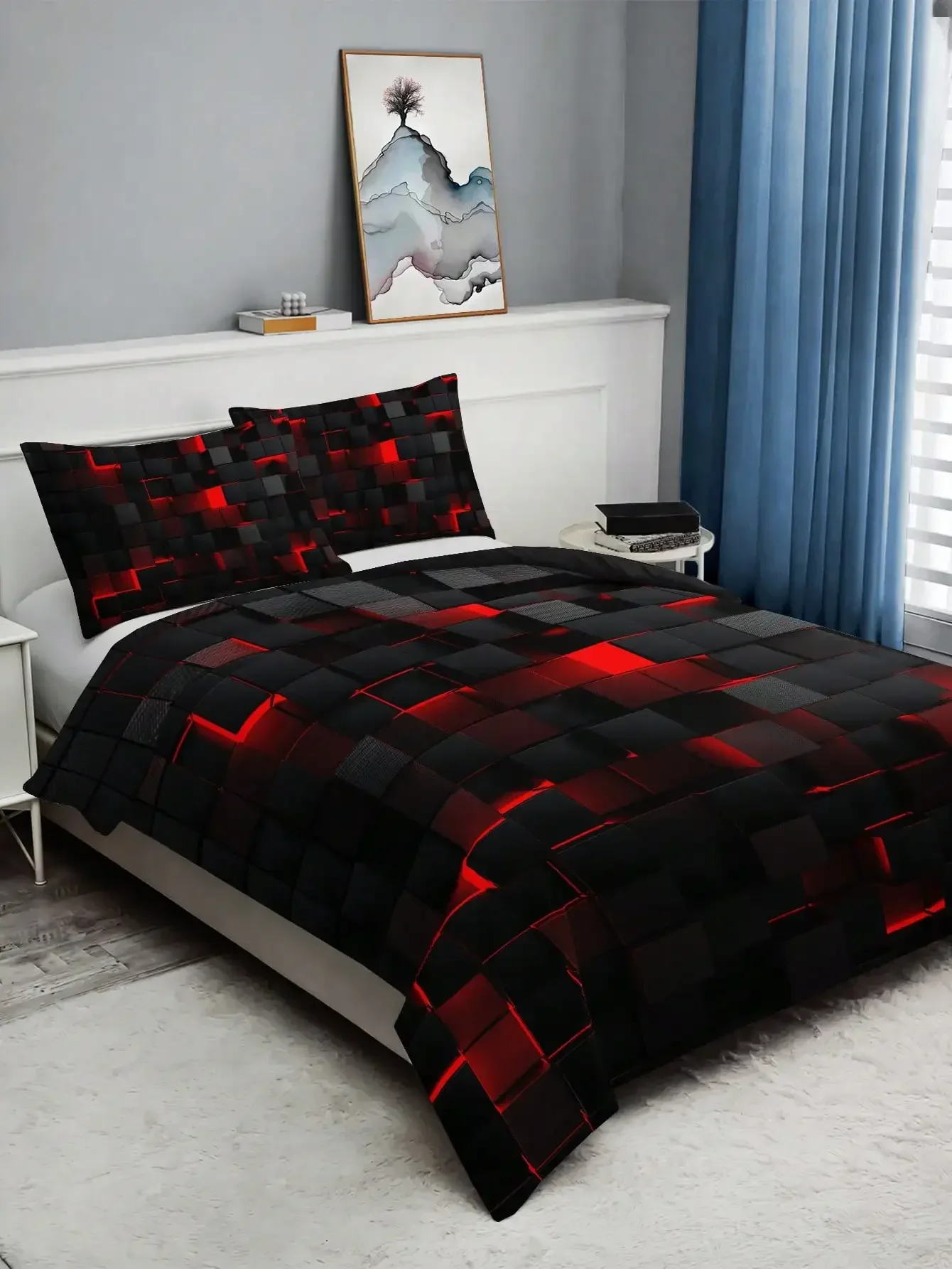 

Technology Style Red Grid Comforter Cover Set Including 1 Comforter Cover And 2 Pillowcases Suitable For Home And Dormitory Use