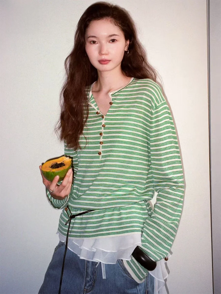 

Винтажный топ из шерстяной смеси в ретро-стиле с воротником Генри, классический белый цвет, в полоску, женский, повседневный, свободного кроя, вязаный...