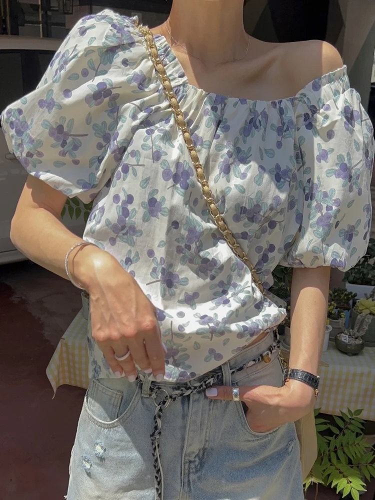 

Retro Floral Print ort Sve irt Women's Summer New Sle Slimming Clavicle Age-Defng Personali Top Loose Bubble Sve