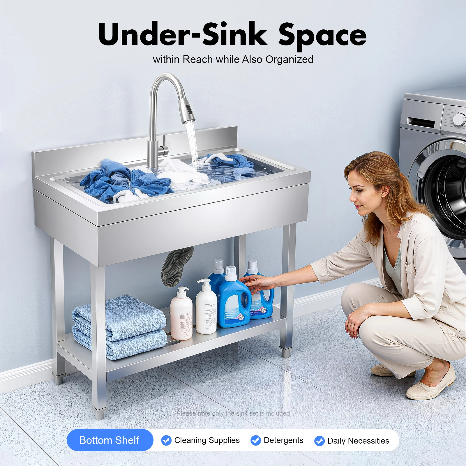 

50L Kitchen Stainless Steel Sink, Home Commercial Large Capacity Single Bowl Sink, with 360° Rotation Faucet and Tunable Feet