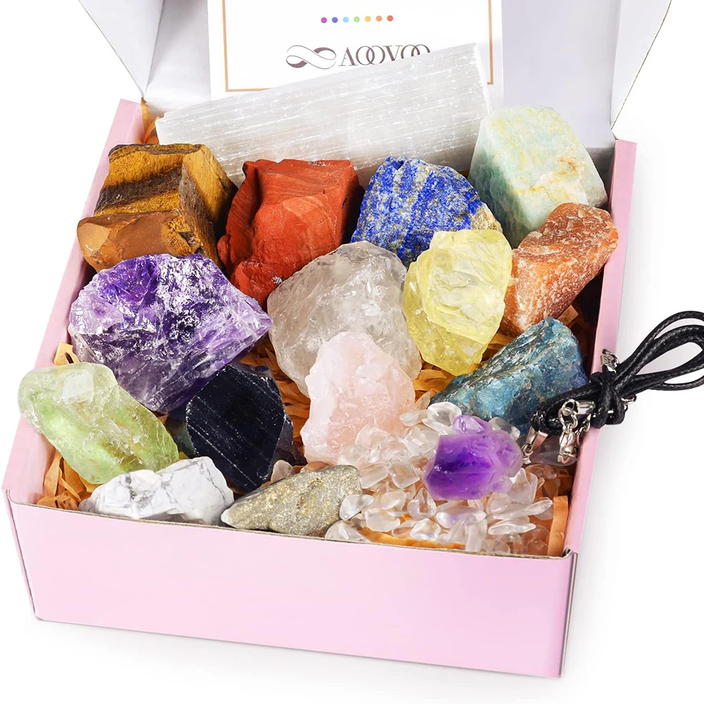 

17Pcs Crystals Healing Stones 14Pcs Real Raw Chakra Stones Set Amethyst Necklace Rose Quartz for Mothers Day Gifts Gift Box Yoga