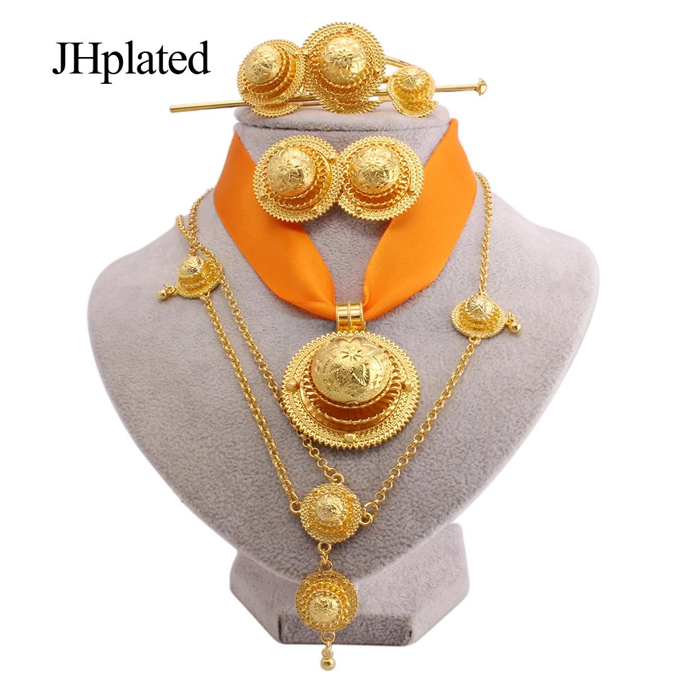 Luxury Gold color bridal Jewelry sets for women Ethiopian red rope pendant Hairpin necklace earrings bracelet ring wedding gift