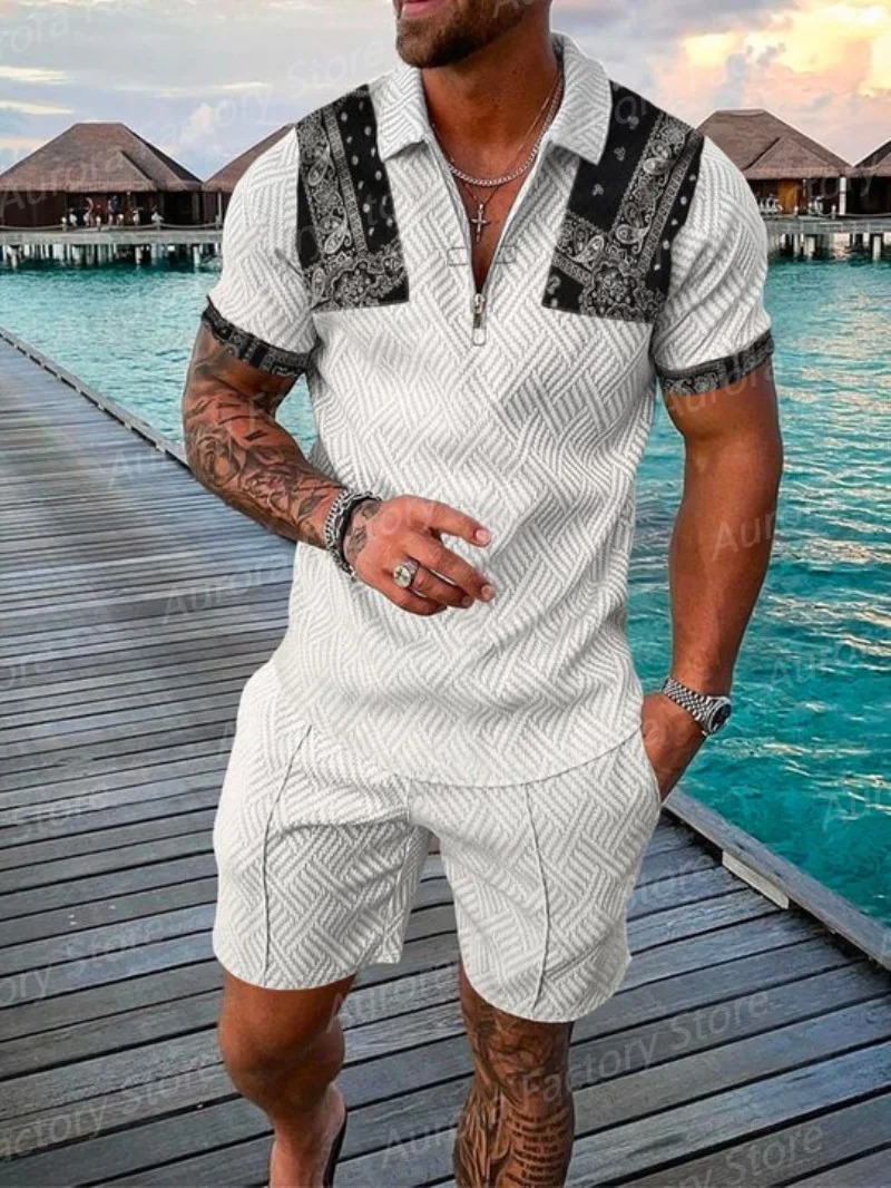 Diamond Lattice Summer Men Polo Shirt Set Casual Lapel Tracksuit Male Fashion Oversized Clothing Golf Wear Outfits Streetwear