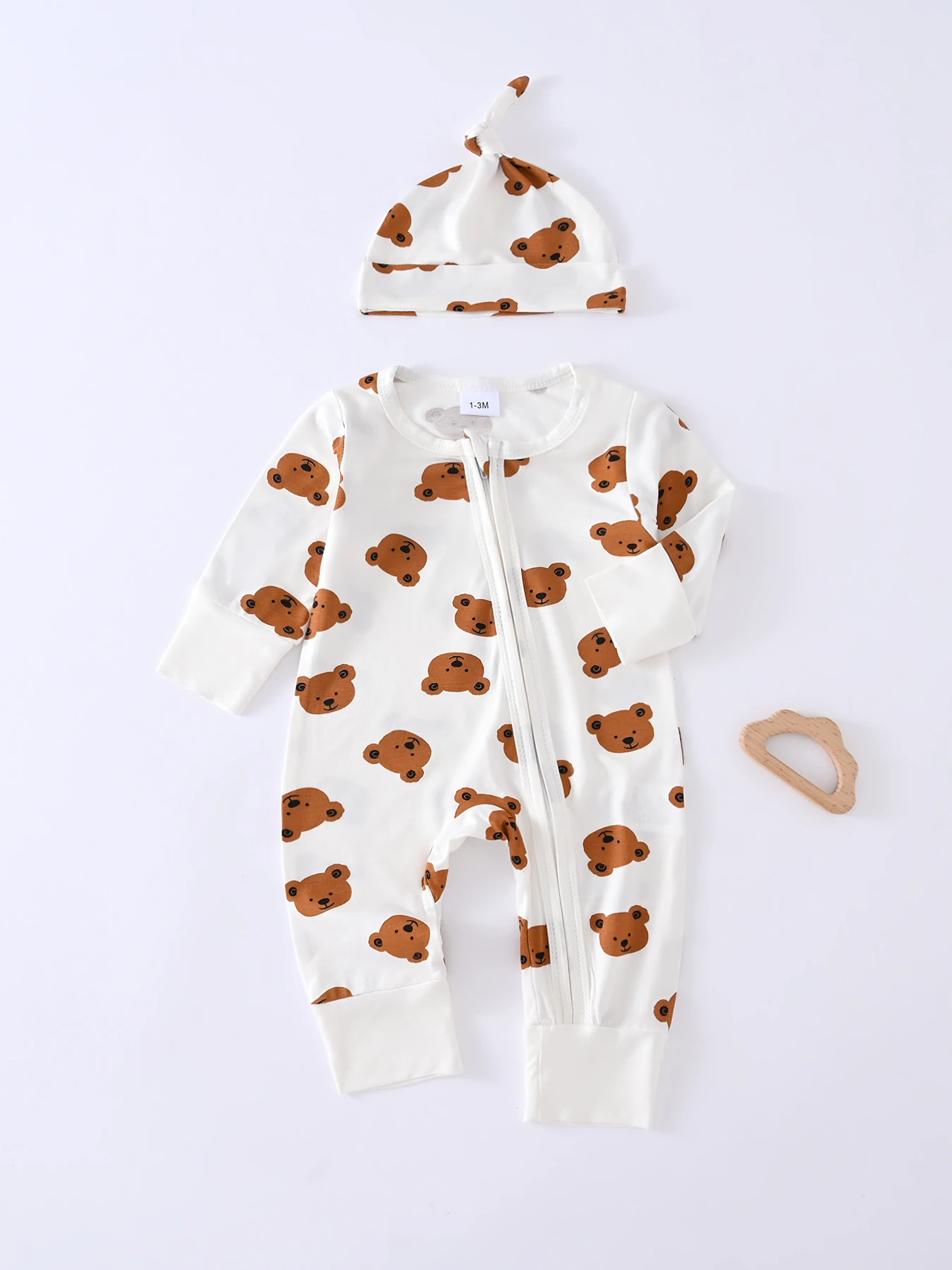 

2Pcs Baby Hat+Bodysuit Bear Pattern Zipper Section Two-piece For Four Seasons Set Of Boys Girls Newborn Gift