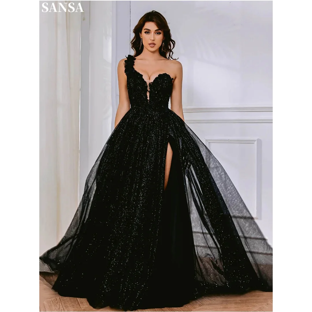 

Sansa Customized Black Formal Dress Sweetheart Neck Corset Bodice Sparkly Tulle Fabric High Slit And Floor Length Evening Gown