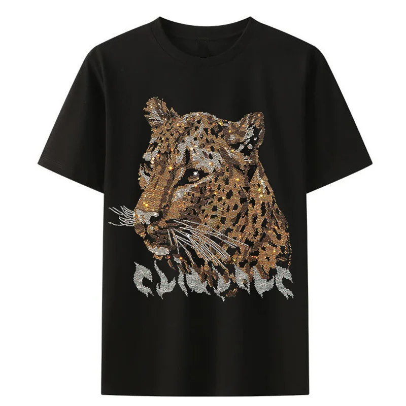 IZEVUS 2024 New Hot Diamond Leopard Head Pattern Men's Short Sleeve T-Shirt Fashion Casual Short Sleeve T-Shirt