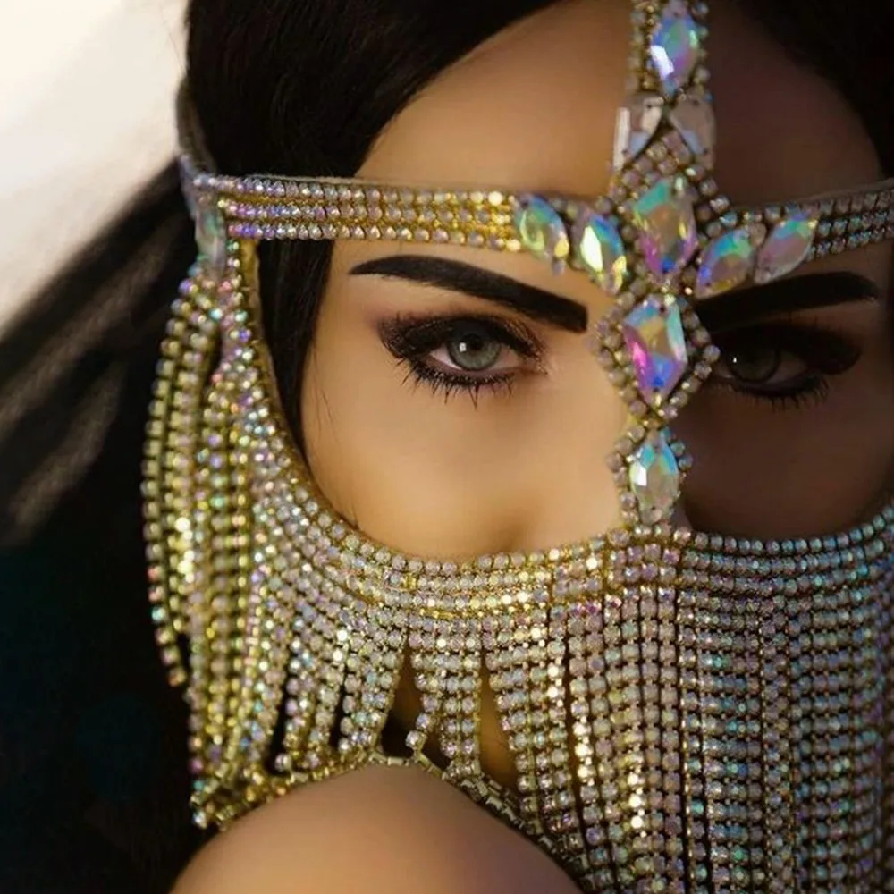 Tassel Rhinestone Face Chain Veil Mask For Women Crystal Exotic Charm Mysterious Accessories Rave Festival Party Jewelry