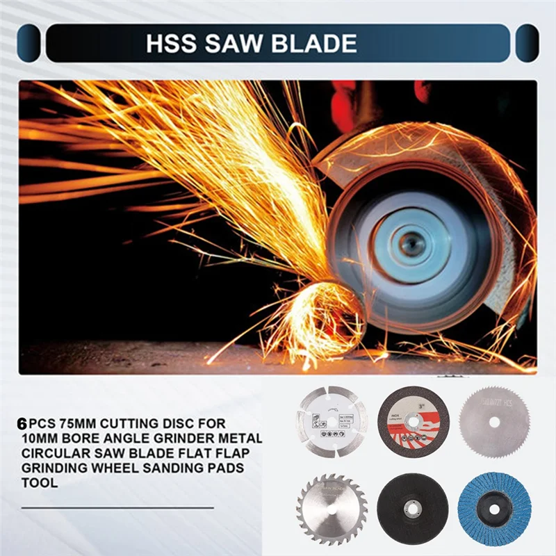 ABKY-6Pcs 75mm 절단 디스크 키트 (10mm 보어 앵글 그라인더용 금속 원형 톱날 플랫 플랩 연삭 휠 샌딩 패드)