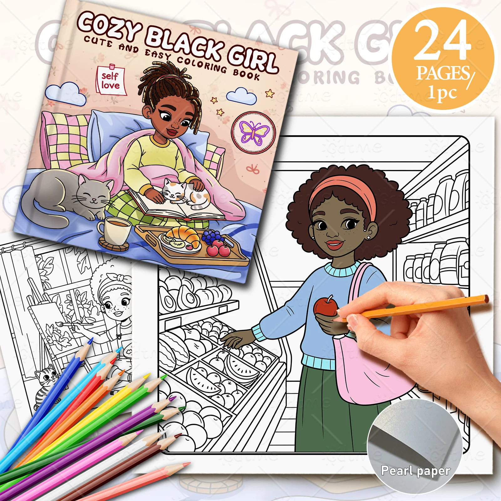 COZY BLACK GIRL CUTE AND EASY Malbuch für Erwachsene mit niedlichen, gemütlichen täglichen Aktivitäten zur Entspannung (Cozy Spaces Coloring) – Detail 1