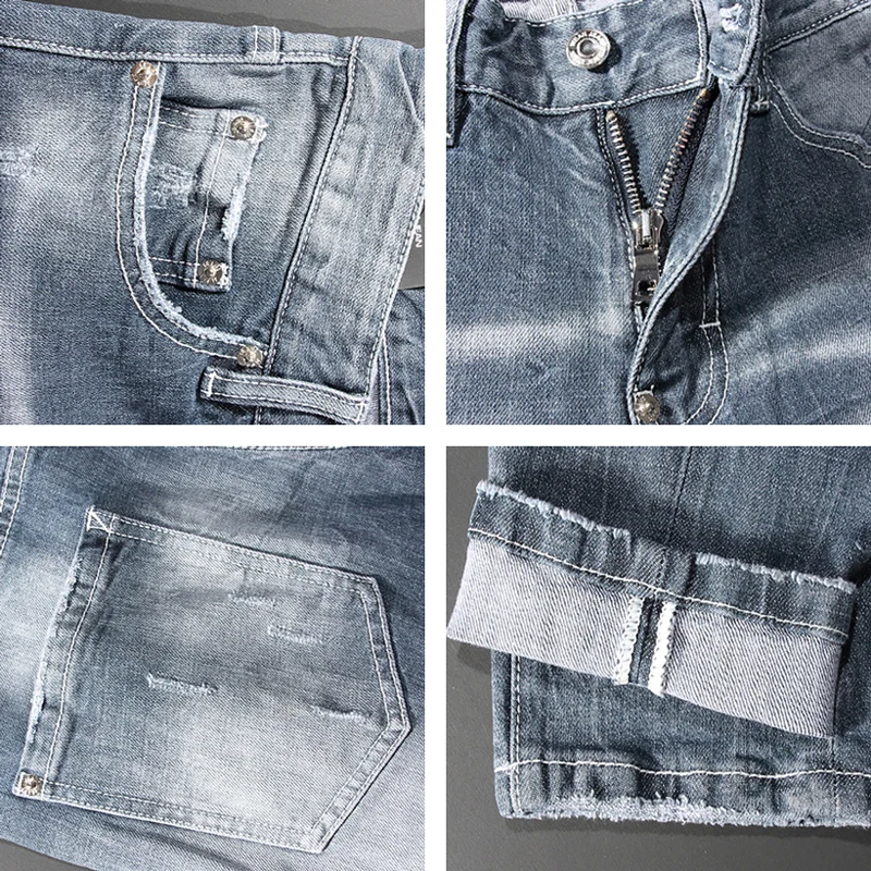 Modische neue hellblaue Herrenjeans des Designers, gewaschen, nostalgisch, elastisch, schmale Passform, plissiert, Retro-Jeans, High-Street-Hip-H