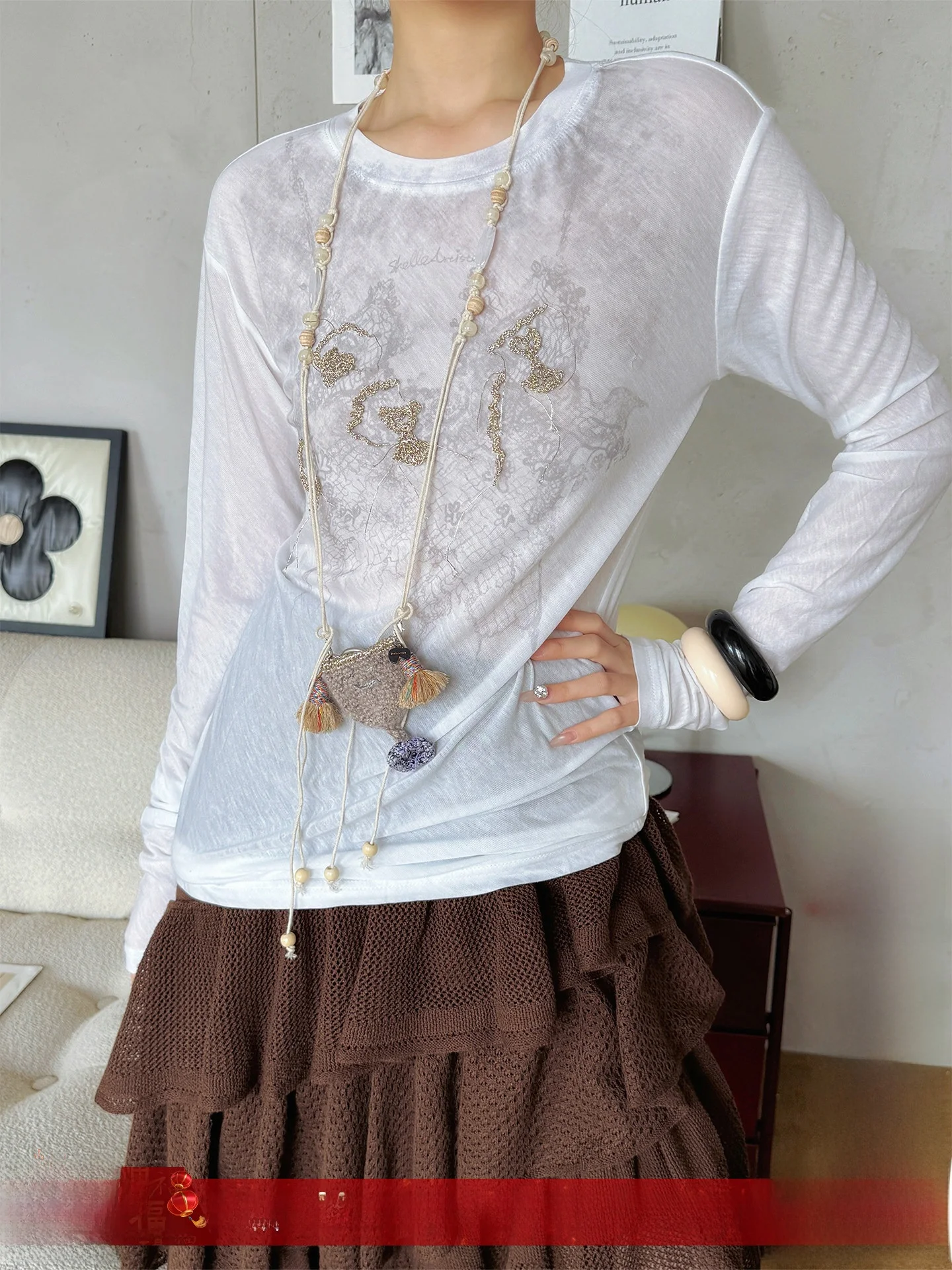 

Женский топ E Artist с длинным рукавом и цветочным узором, свободного кроя, телесного цвета, для повседневной носки, от Handpied Stores