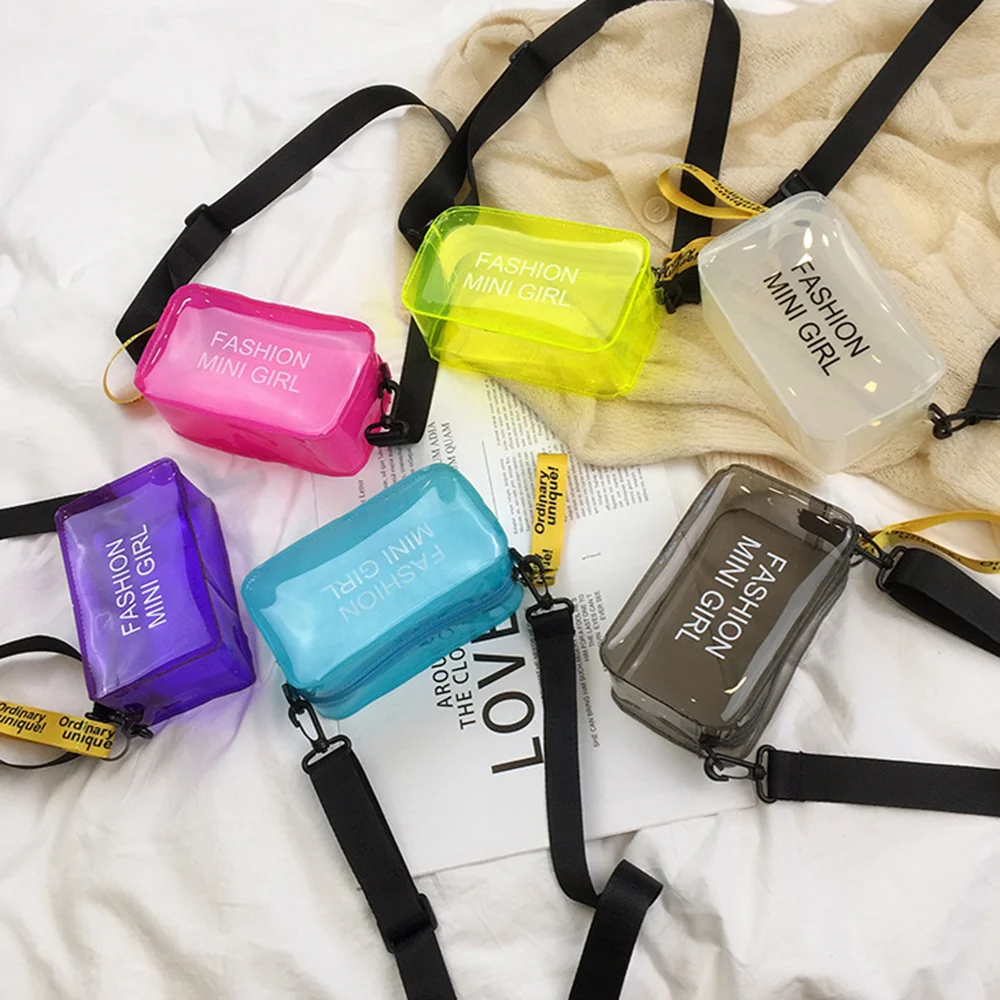 Women Simple Fashion Transparent Laser Pvc Jelly Shoulder Crossbody Bag Candy Color Letter Small Tote Bag 2024 Hot Sale