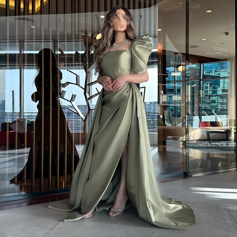 

Satin Evening Gown Draped Square Neck High Slit Short Sleeved Saudi Arabian Women's Party Dresses Lace-up Classic Prom Dress