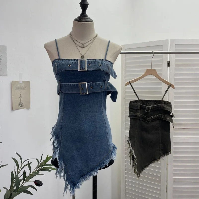 

Женский джинсовый топ-камизол с эффектом потертости, асимметричный, без рукавов, в уличном стиле, летний, винтажный, сексуальный, на тонких бретелях