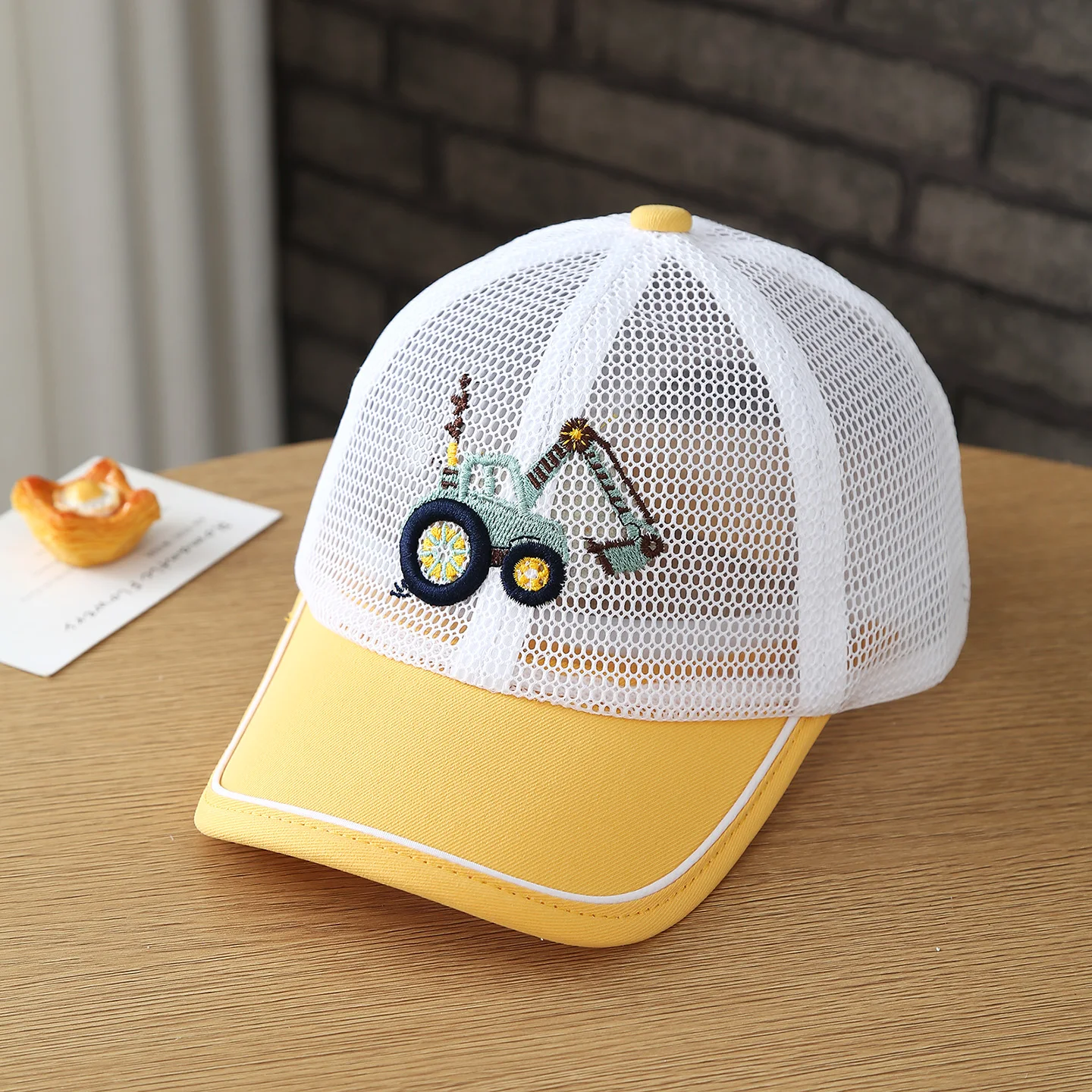 Children's Hats - Summer Sun Hats - Embroidered Cartoon Excavator Mesh Hats - Outdoor Breathable Mesh Visor Hats