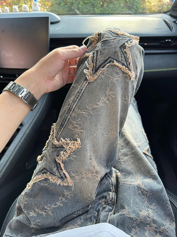 

Новые мужские джинсы 2025 года с вышивкой звездами, окрашенные, прямого кроя, средней эластичности, износостойкие, в стиле High Street