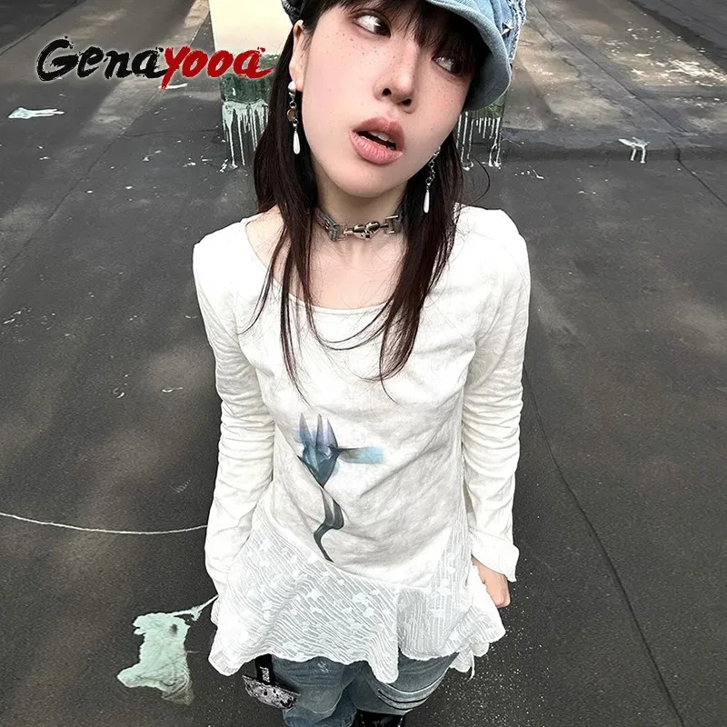 Genayooa Y2k Print T Shirt Women Chic White Irregual Graphic Tops 2000s Japanese Fairycore Vintage Tshirts Retro Grunge Tops Tee