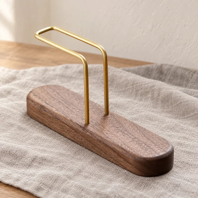 Walnut Wood Coffee Filter Holder - Solid Wood V60 Cone Paper Storage Rack with Brass Frame, Handmade Drip Coffee Organizer