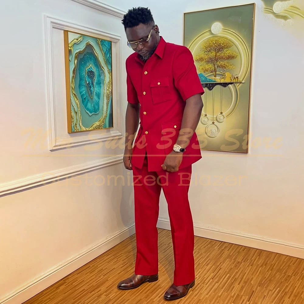 

Red Men's Suits Fashion Safari Single Breasted Sand Lapel Blazer Customized 2 Piece Jacket Pants Full Sets Wedding Clothing 2026