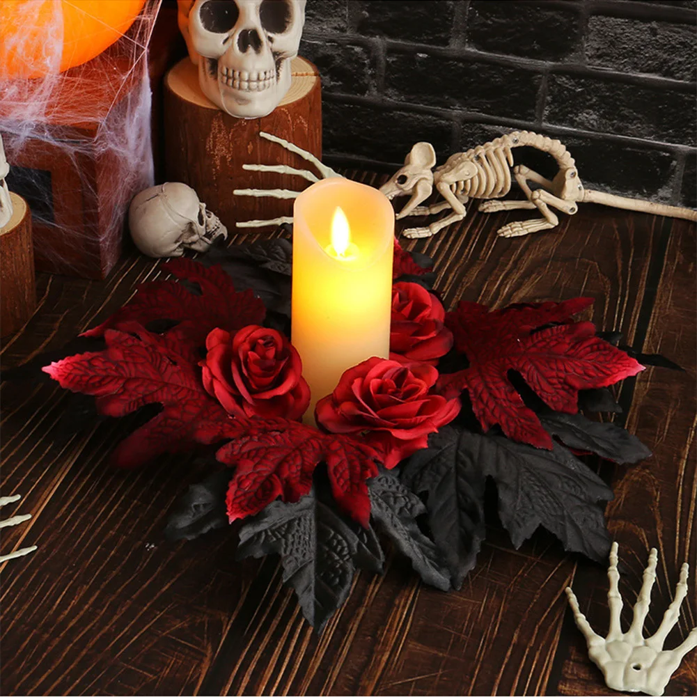 ABS Fall Candle Rings Wreaths Artificial Maple Leaf Candle Garland With Berries Rose For Autumn Halloween Party Table Decor