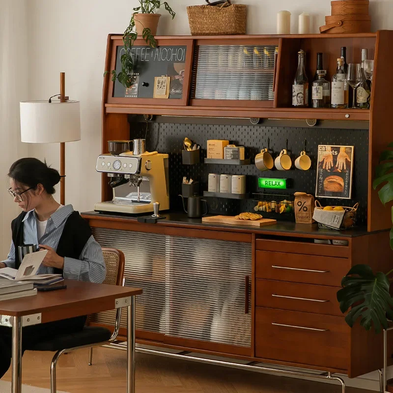 

Nordic retro solid wood dining side cabinet, high cabinet integrated against the wall, storage locker