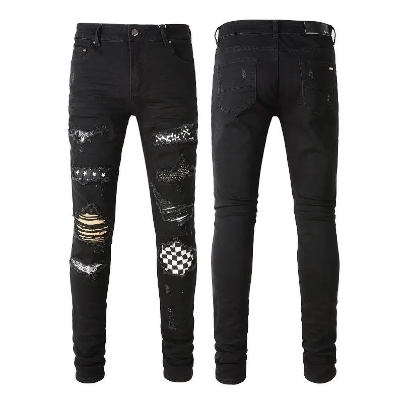 New Design Brand High Street Men's Ripped Jeans Summer Denim Pants Checkerboard Patch Trend Slim Small Foot Black Pants 8538