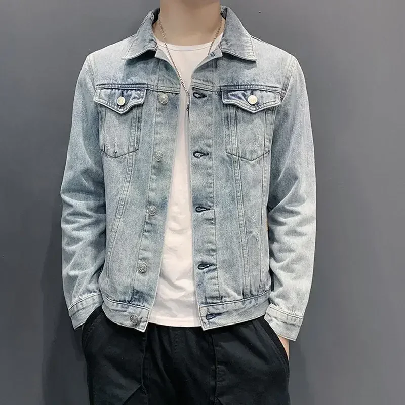 Denim Jackets Man Light Button with Hole Jeans Coat for Men Ripped Winter Outerwear Original Cheap Price Stylish in Lowest Low G