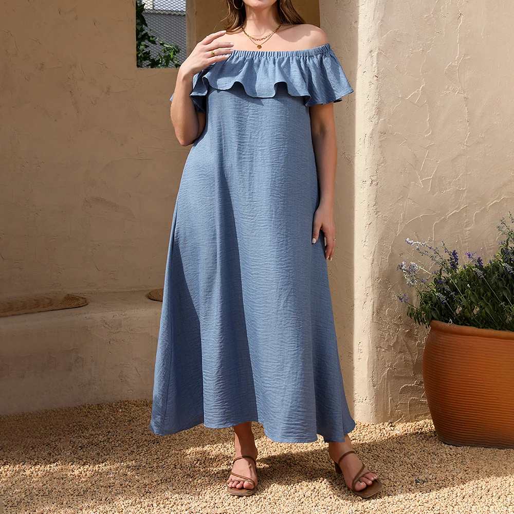 حجم كبير المرأة الصلبة كشكش مائل الرقبة الباردة الكتف كم فستان ماكسي الصيف عادية فضفاض شاطئ عطلة فستان الشمس حجم 0XL-4XL #1