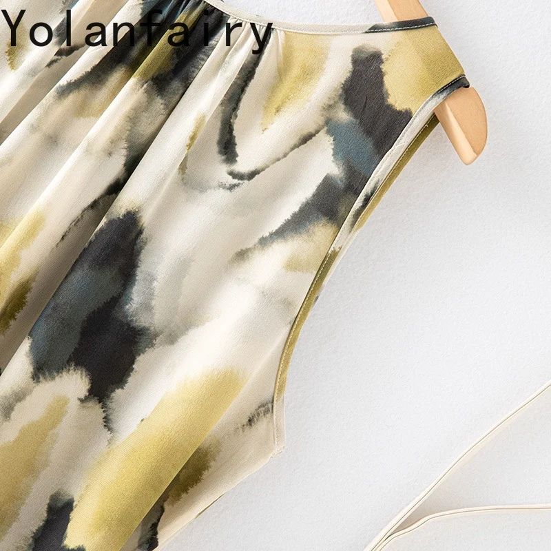 YOLANFAIRY 100% Real Mulberry Silk Dress for Woman Summer Sleeveless Oversized Women's Dresses Ink-printed Casual Ladies Dresses