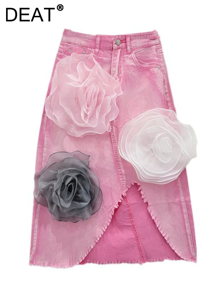 

DEAT Women's Denim Skirts Irregular Burrs Split A-line Sliced Flowers Pink Elegant Long Skirt 2024 Autumn New Fashion 11XX9270