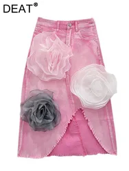 DEAT Women's Denim Skirts Irregular Burrs Split A-line Sliced Flowers Pink Elegant Long Skirt 2024 Autumn New Fashion 11XX9270