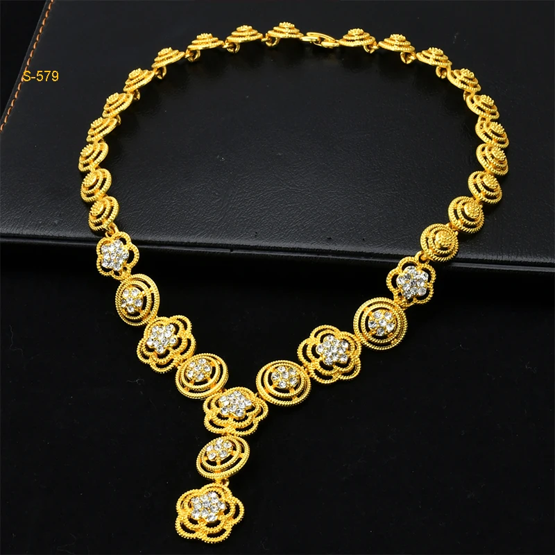 Luxus Nigerianischen Braut Halskette Und Ohrringe Schmuck Sets Für Frauen Dubai 24k Gold Farbe Blume Anhänger Set Hochzeit Party geschenke – Detail 3