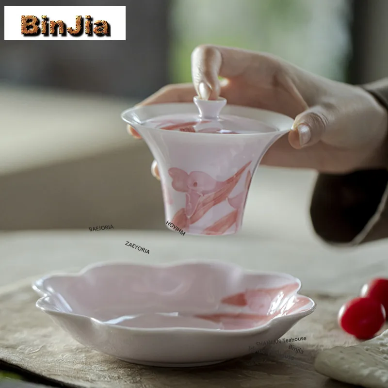 BAEJORIA 125ml Hand Drawn Morning Glory Jade Mud Gaiwan Ancient Tea Tureen Tea Bowl With Lid Kit Tea Brewing Cover Bowl Craft