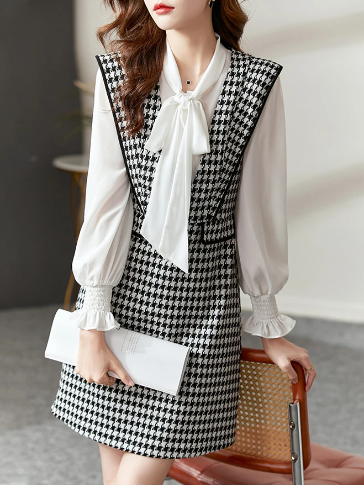 Vimly Elegant Two Piece Tweed Dress Sets for Women 2023 Autumn Winter Fashion Office Outfits Long Sleeve Chiffon Shirt Dress