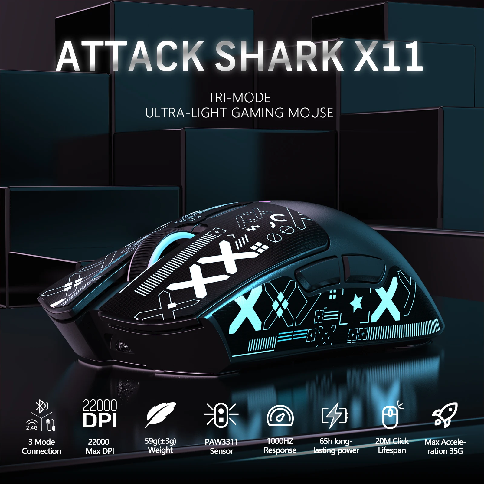 Imagem -02 - Ataque Shark X11 Gaming Mouse sem Fio com Doca de Carregamento Pixart Paw3311 Gaming Sensor bt 2.4g com Fio