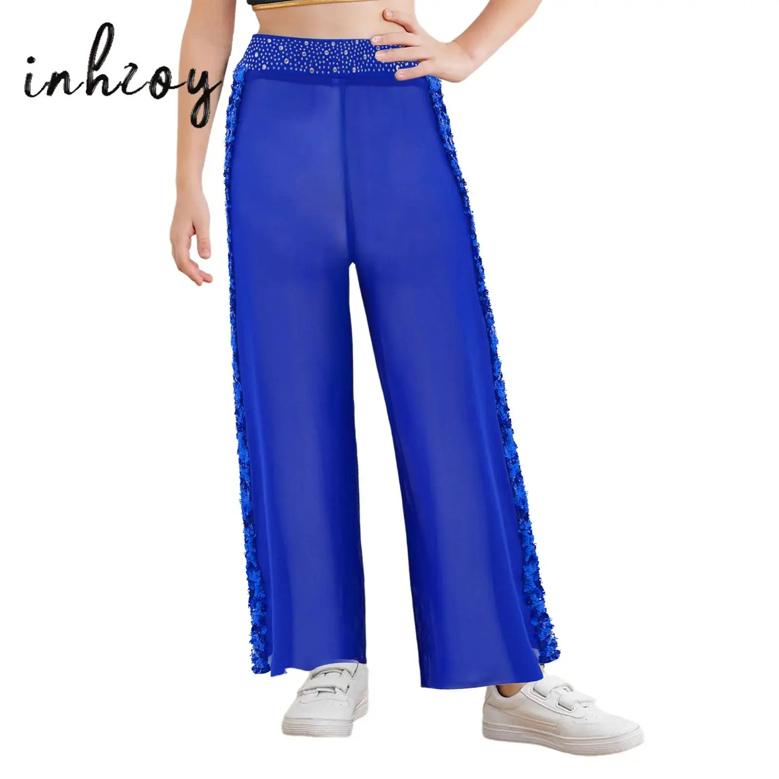 

Kids Girls Figure Skating Modern Dance Pants Sequins Sheer Mesh Shiny Rhinestones Elastic Waistband Wide-Leg Trousers Pants