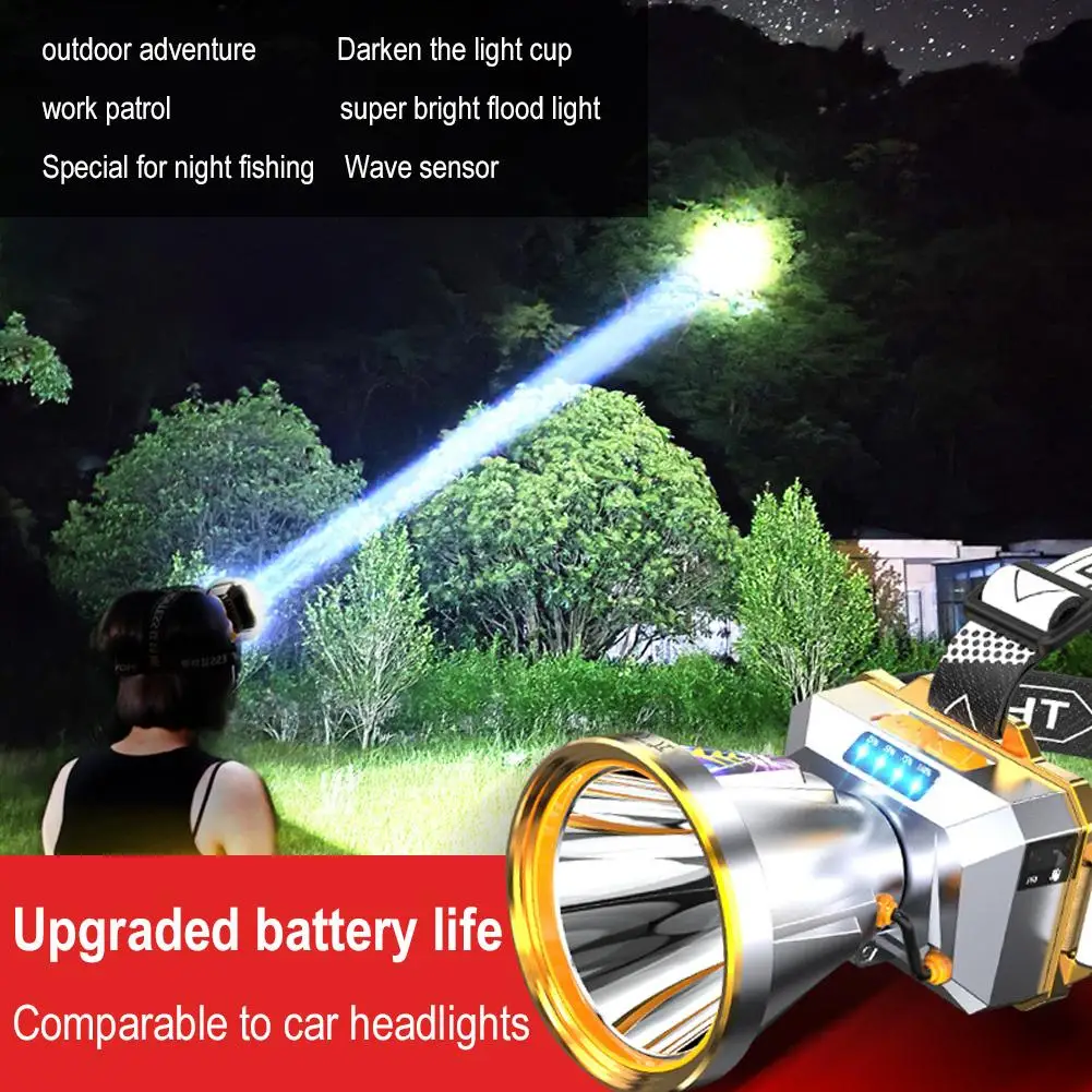 Super Bright LED Headlamp Wave Sensor Rechargeable Long Shot Headlight Waterproof Night Fishing Work Mining Flashlight