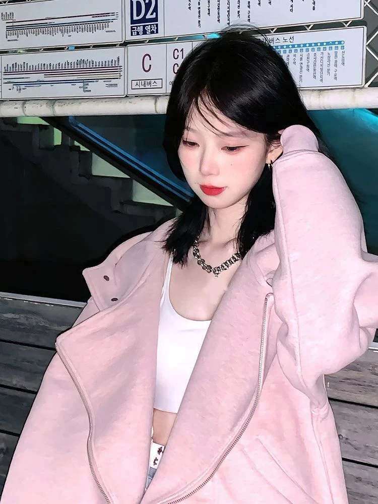 Chaqueta con capucha de algodón puro para mujer, ropa de calle rosa con cremallera, abrigos Vintage de diseño Irregular informal coreano, primavera y otoño
