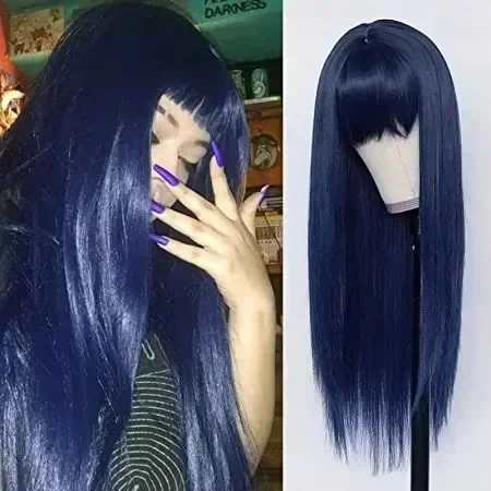 

QQXCAIW Synthetic Replacement Hair Wig With Bangs Blue Color Heat Resistant Wigs Synthetic Hair Cosplay Full Wig Fashion Party