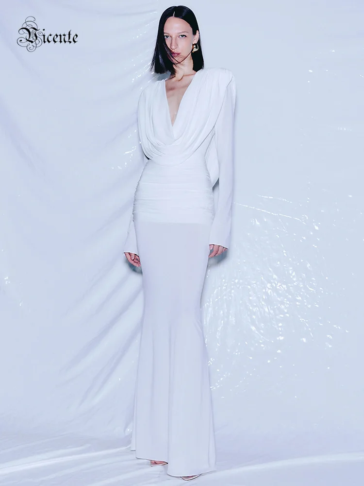 VC White Swinging Collar Long Dress For Women Ruched High Waist Long Sleeves Slim Elegant Evening Party Gowns