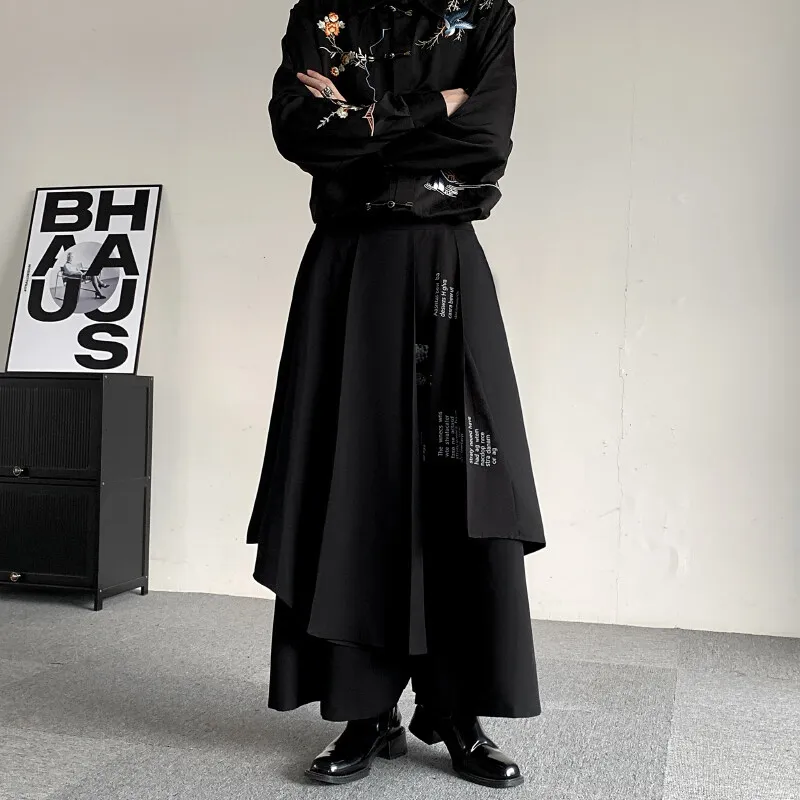 2025 Spring Men Wide Leg Pants Gothic Dark Style Calligraphy Printed Skirt Pants Men Women Loose Yamamoto Irregular Kungfu Pants