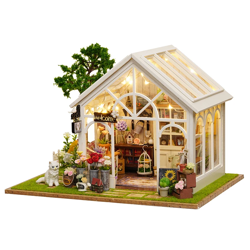 Kit de modelo en miniatura de madera DIY, invernadero de sol, casas de muñecas, rompecabezas 3D, casa de muñecas con muebles, regalos de cumpleaños para amigos