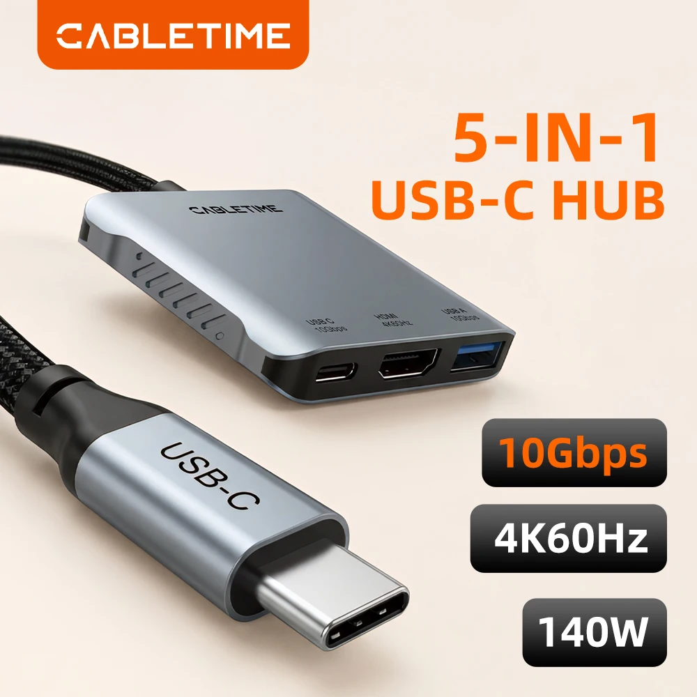 

CABLETIME USB C HUB 4K 60Hz 5-в-1, адаптер Type C с двумя портами HDMI, USB C 3.2, PD140W, док-станция для ноутбуков Macbook Pro Air