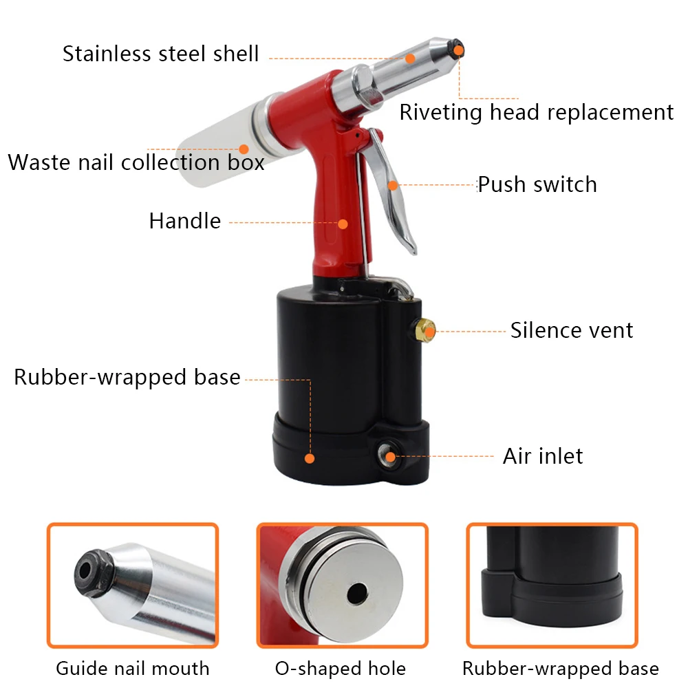 16mm Pneumatic Air Hydraulic Pop Rivet Gun Riveting Tool Nut Nail Insert Hand Tool Set with 1/4