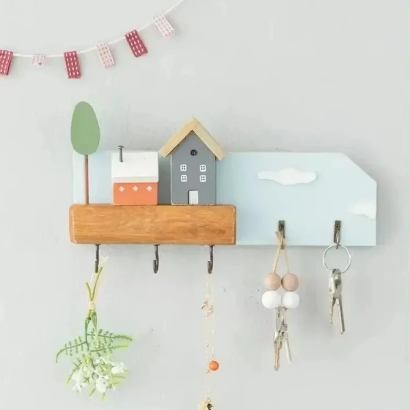 Creativity Keys Storage Holder Rack Cartoon Solid Wood Indoor Porch Wall Hanging Hat Bag Coat Hanger Home Decorative Hook 4
