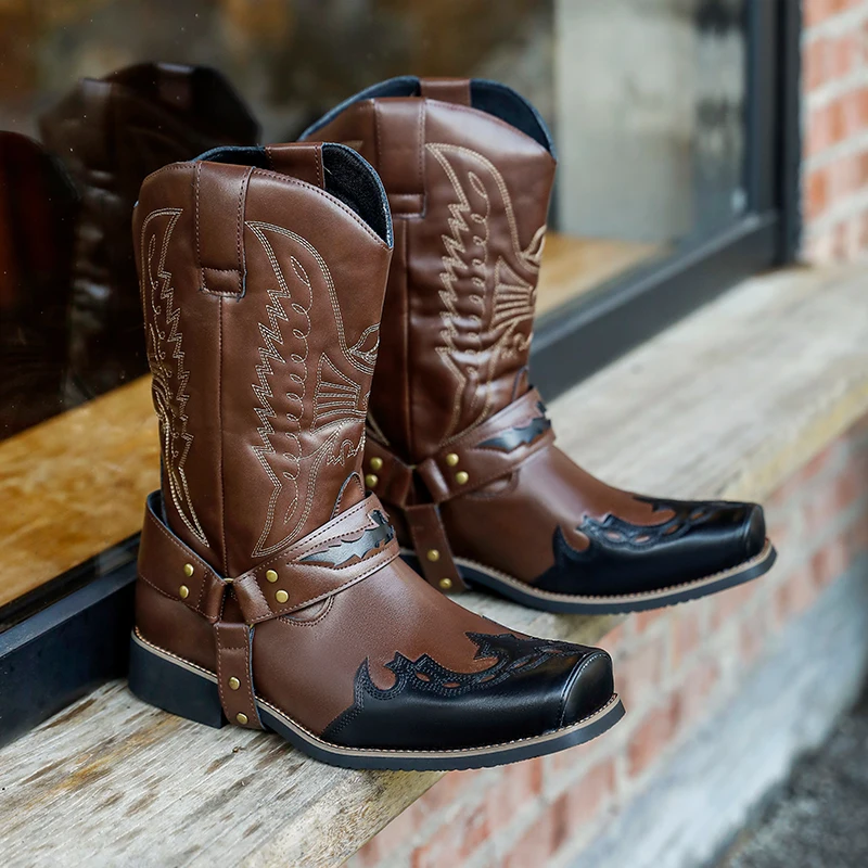 

2025 New Western Cowboy Boots Black Brown Faux Leather Winter Shoes Retro Men Boots Embroidered Men Mid-calf Boots Size 46 Botas