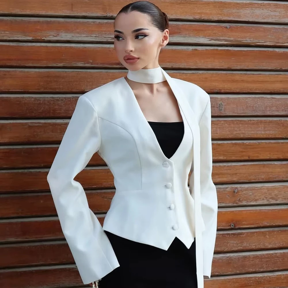 Single Breasted Coat Women's V Neck Scarf With Long Sleeve Waist-Cinching Blazer Jacket Lady Casual Slim Commute Coat