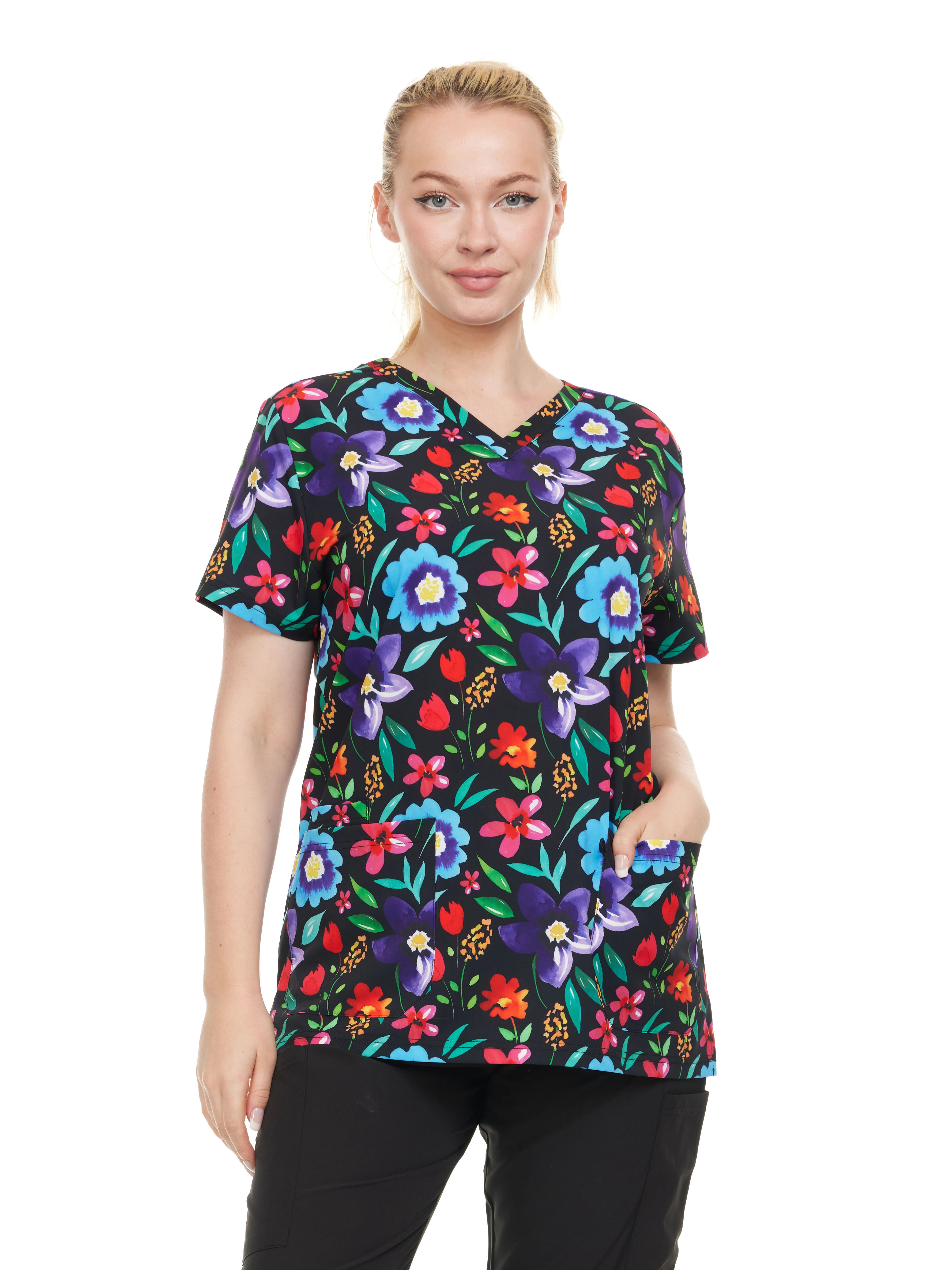 HEAL+WEAR Women's Scrub Top V-Neck Floral Print Multiple Convenient Pockets. 4-Way Stretch Spandex. Wrinkle-Resistant